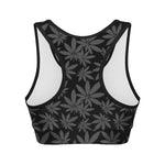 Black And Grey Pot Leaf Pattern Print Women's Sports Bra
