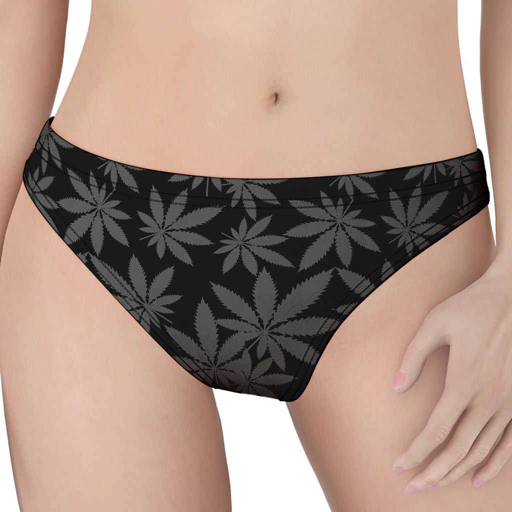 Black And Grey Pot Leaf Pattern Print Women's Thong