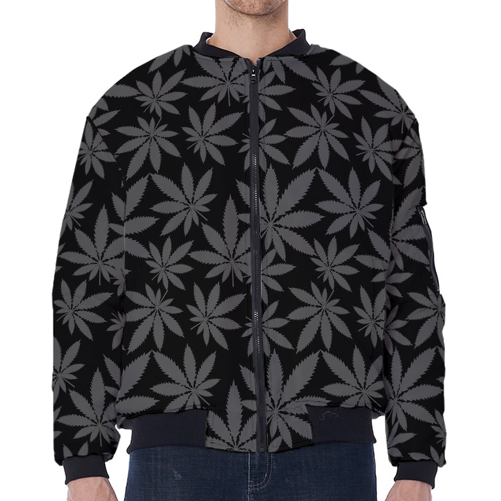 Black And Grey Pot Leaf Pattern Print Zip Sleeve Bomber Jacket