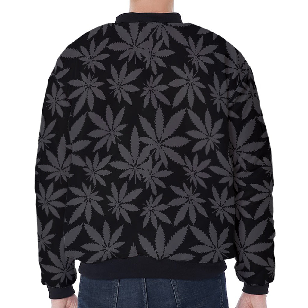 Black And Grey Pot Leaf Pattern Print Zip Sleeve Bomber Jacket