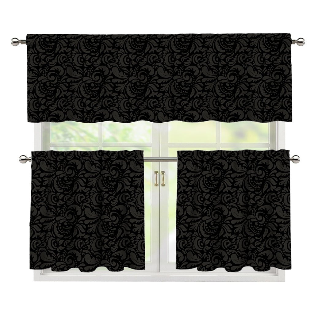 Black And Grey Western Floral Print 3 Piece Kitchen Curtains