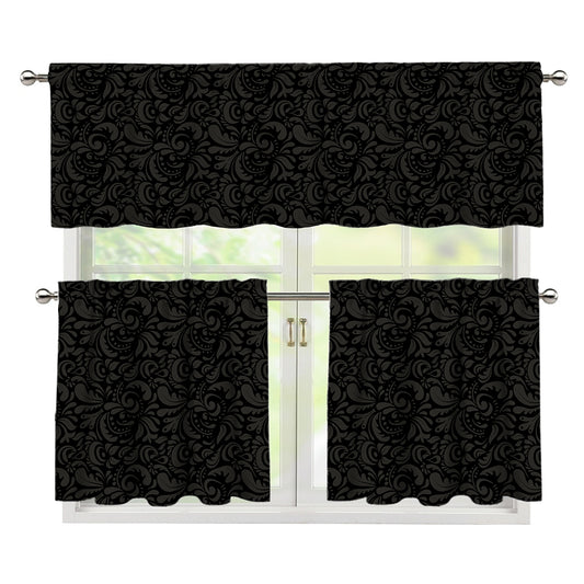 Black And Grey Western Floral Print 3 Piece Kitchen Curtains