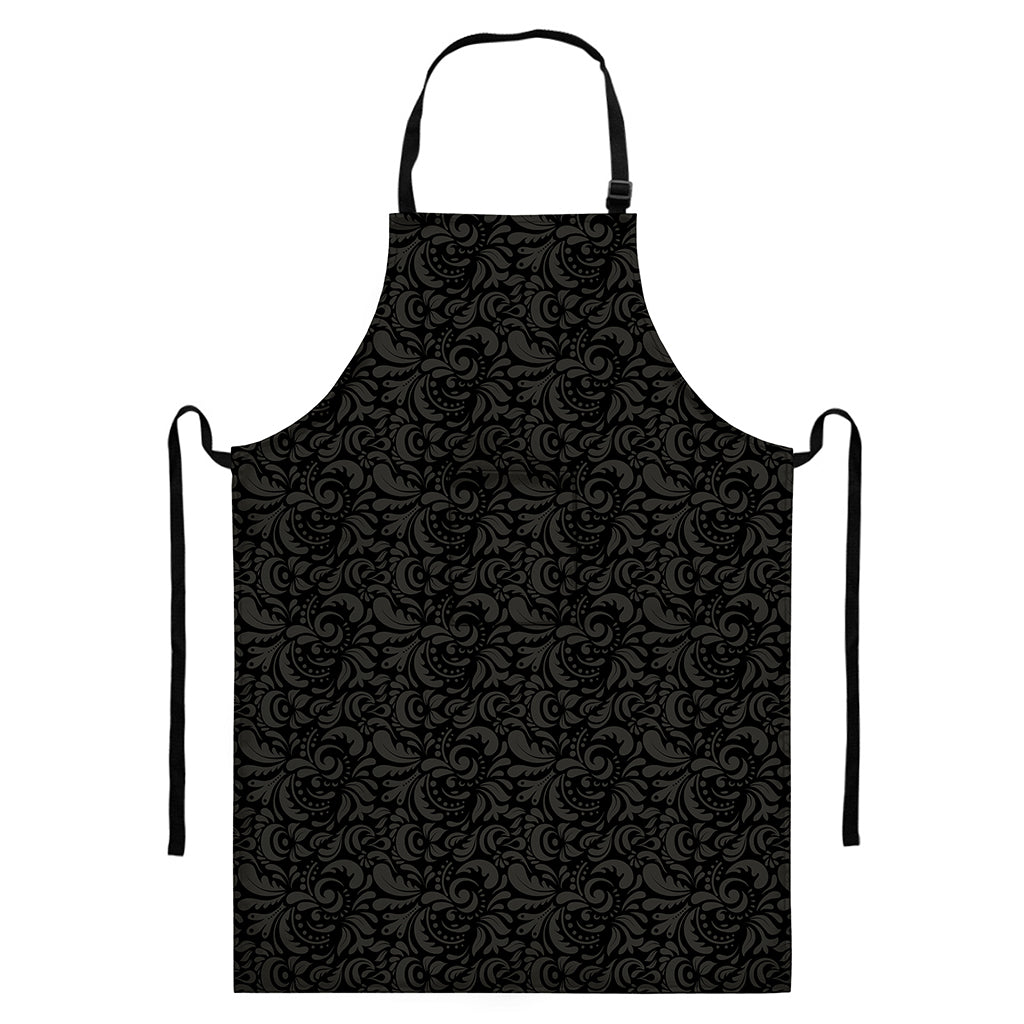 Black And Grey Western Floral Print Bib Apron With Pocket