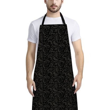 Black And Grey Western Floral Print Bib Apron With Pocket