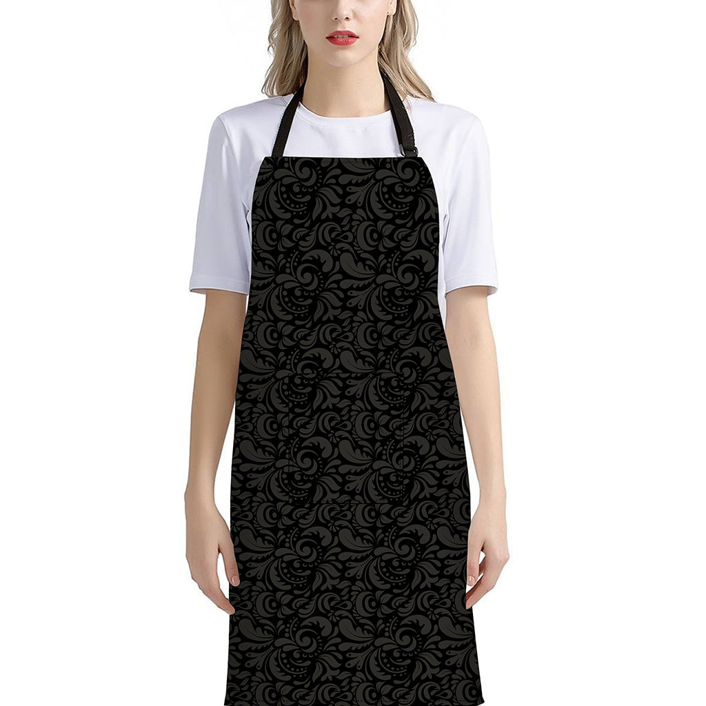 Black And Grey Western Floral Print Bib Apron With Pocket