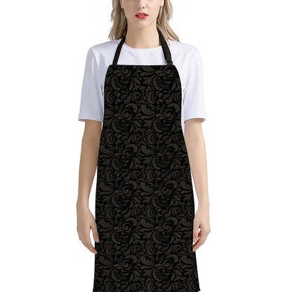 Black And Grey Western Floral Print Bib Apron With Pocket