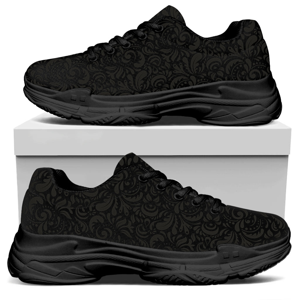 Black And Grey Western Floral Print Black Chunky Shoes