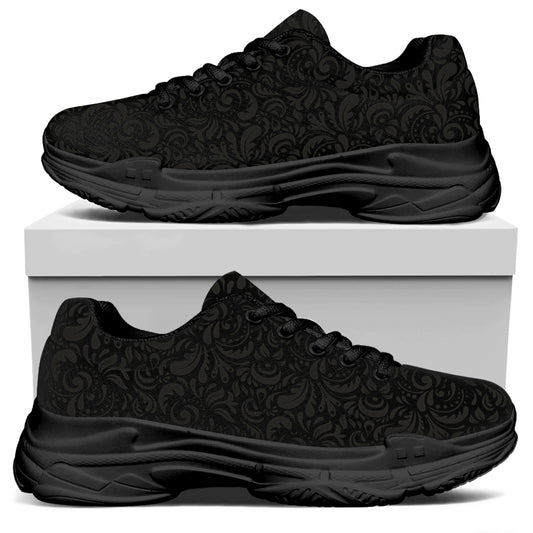 Black And Grey Western Floral Print Black Chunky Shoes