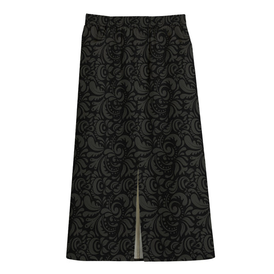 Black And Grey Western Floral Print Cotton Front Slit Maxi Skirt