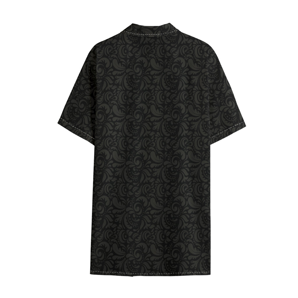 Black And Grey Western Floral Print Cotton Hawaiian Shirt