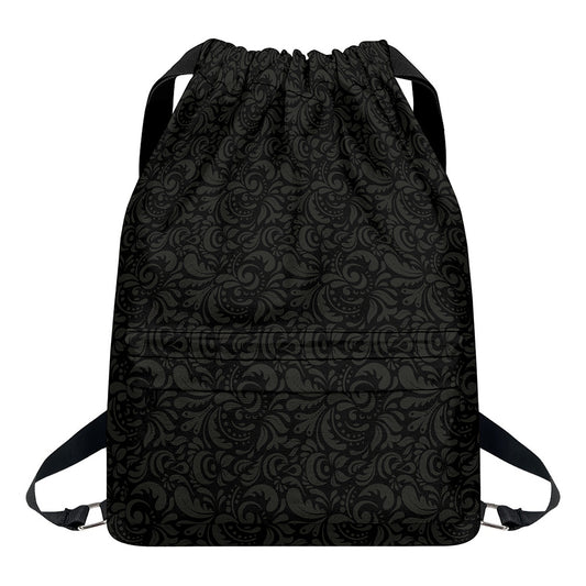 Black And Grey Western Floral Print Drawstring Backpack