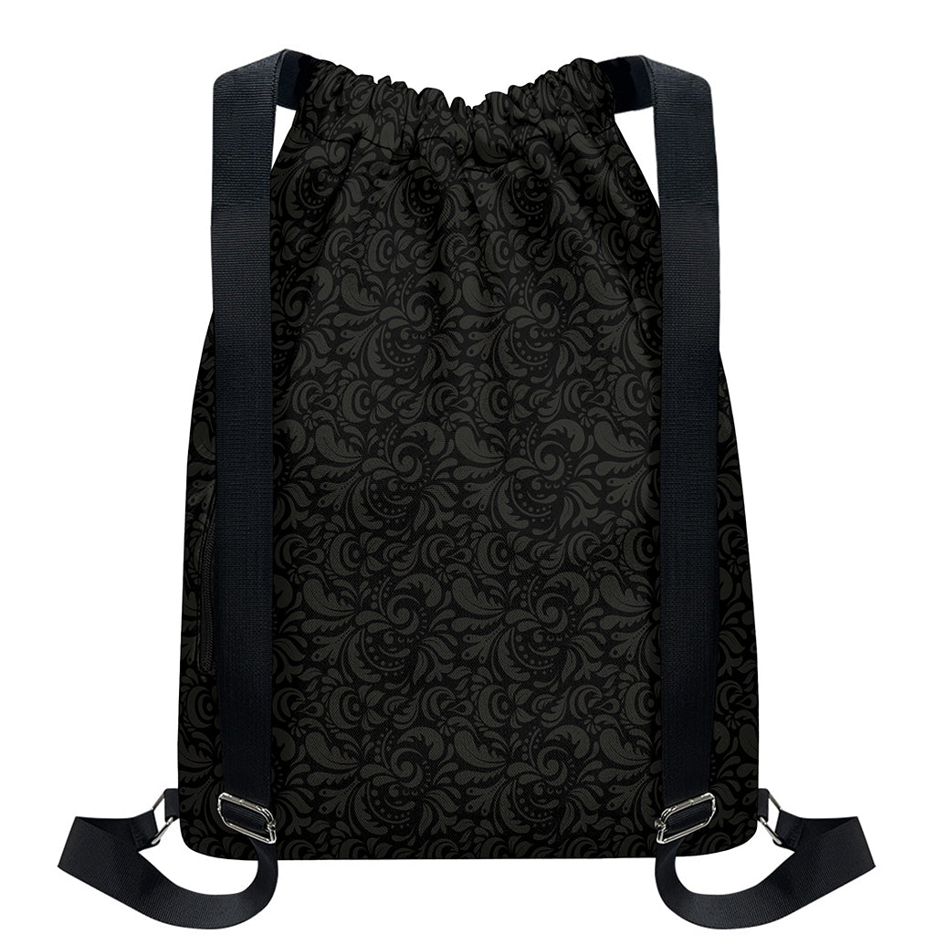 Black And Grey Western Floral Print Drawstring Backpack