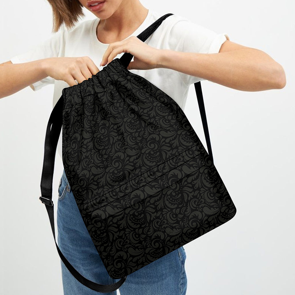 Black And Grey Western Floral Print Drawstring Backpack