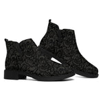 Black And Grey Western Floral Print Flat Ankle Boots