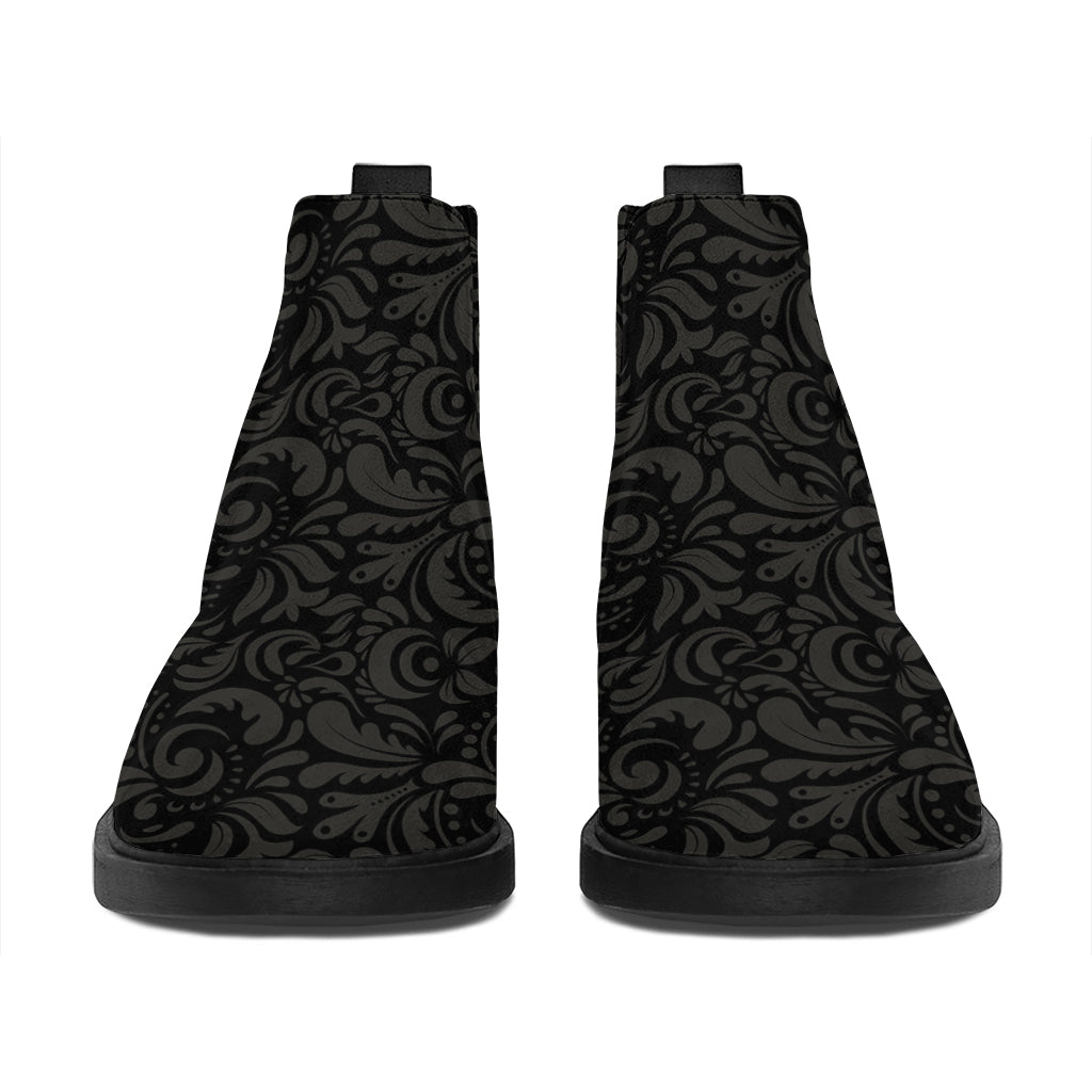 Black And Grey Western Floral Print Flat Ankle Boots