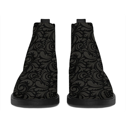 Black And Grey Western Floral Print Flat Ankle Boots