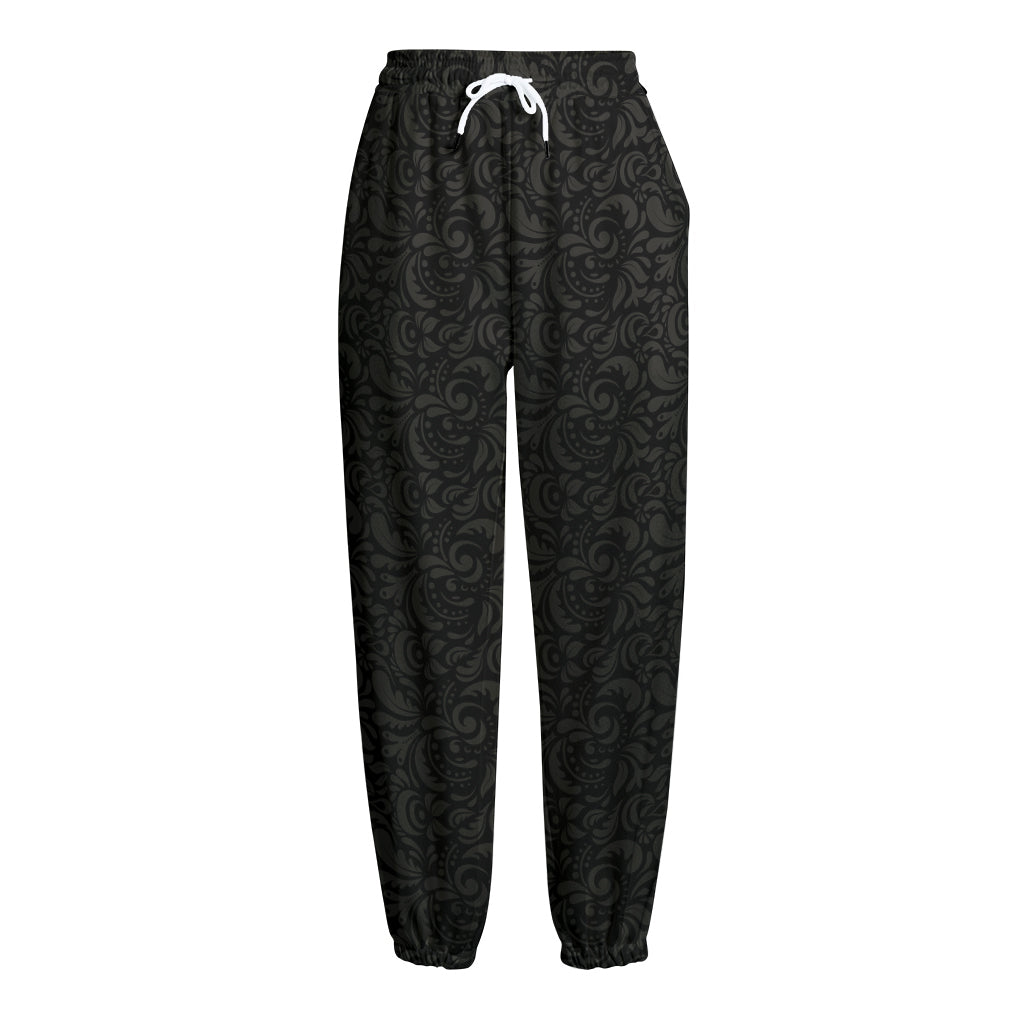 Black And Grey Western Floral Print Fleece Lined Knit Pants