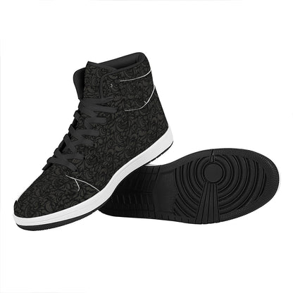 Black And Grey Western Floral Print High Top Leather Sneakers