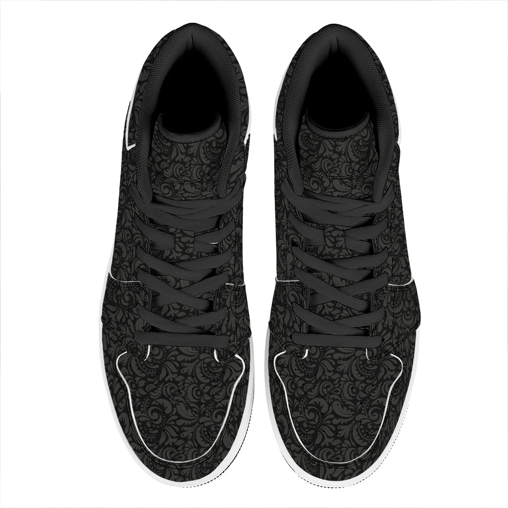 Black And Grey Western Floral Print High Top Leather Sneakers
