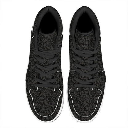Black And Grey Western Floral Print High Top Leather Sneakers