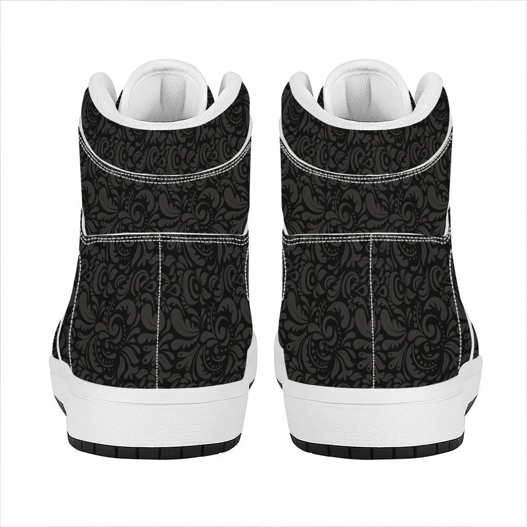 Black And Grey Western Floral Print High Top Leather Sneakers