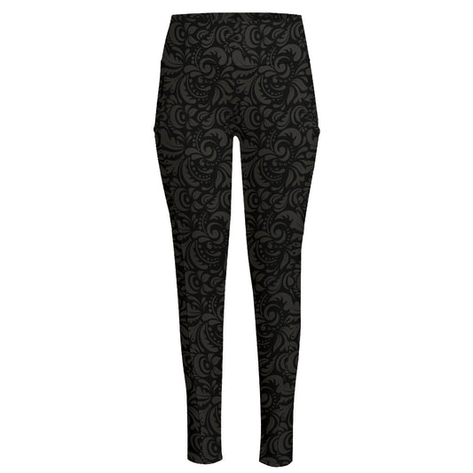 Black And Grey Western Floral Print High-Waisted Pocket Leggings