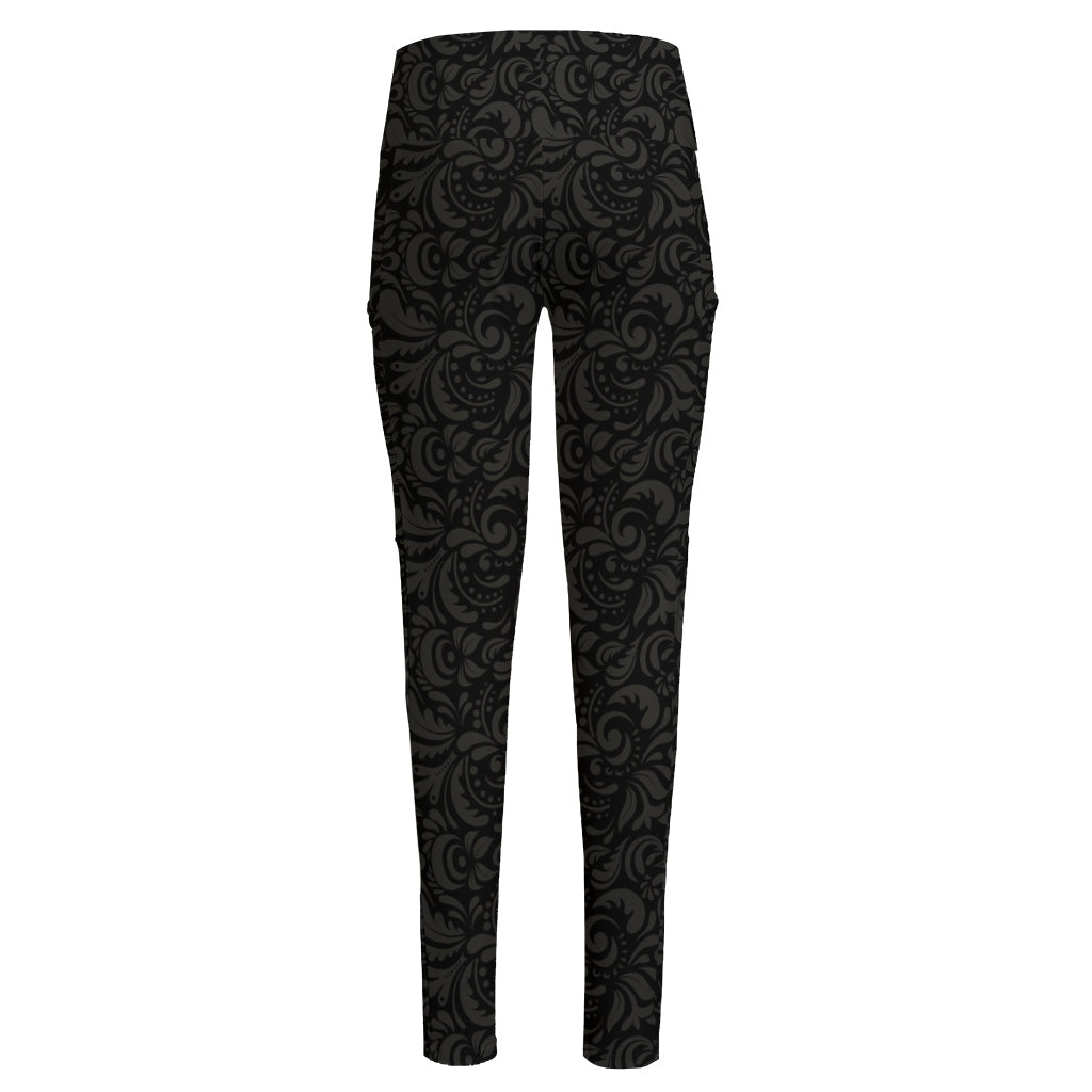 Black And Grey Western Floral Print High-Waisted Pocket Leggings
