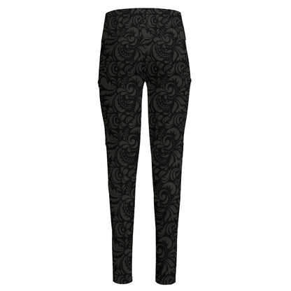 Black And Grey Western Floral Print High-Waisted Pocket Leggings
