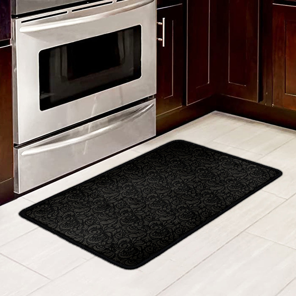 Black And Grey Western Floral Print Kitchen Mat