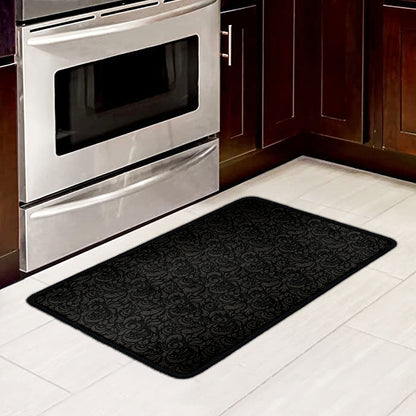 Black And Grey Western Floral Print Kitchen Mat