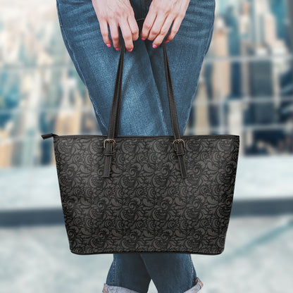 Black And Grey Western Floral Print Leather Tote Bag