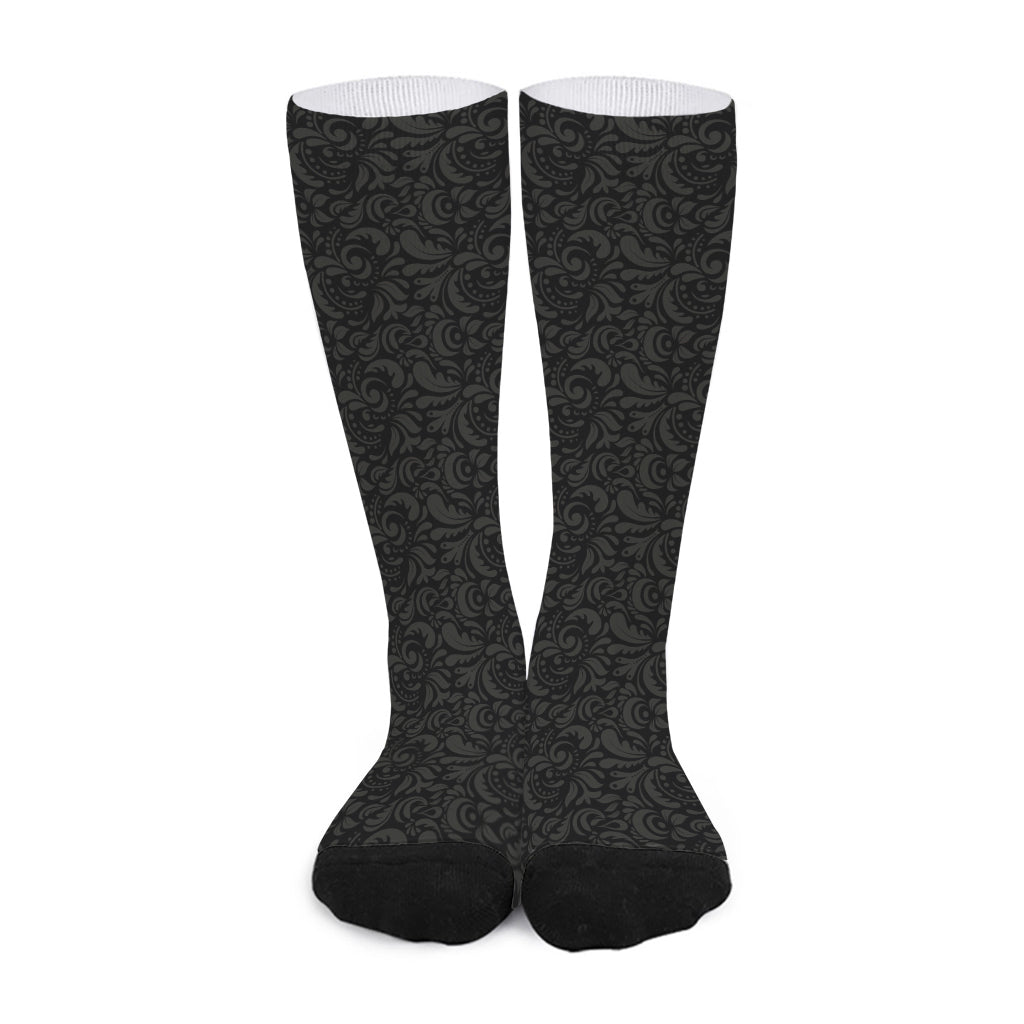 Black And Grey Western Floral Print Long Socks
