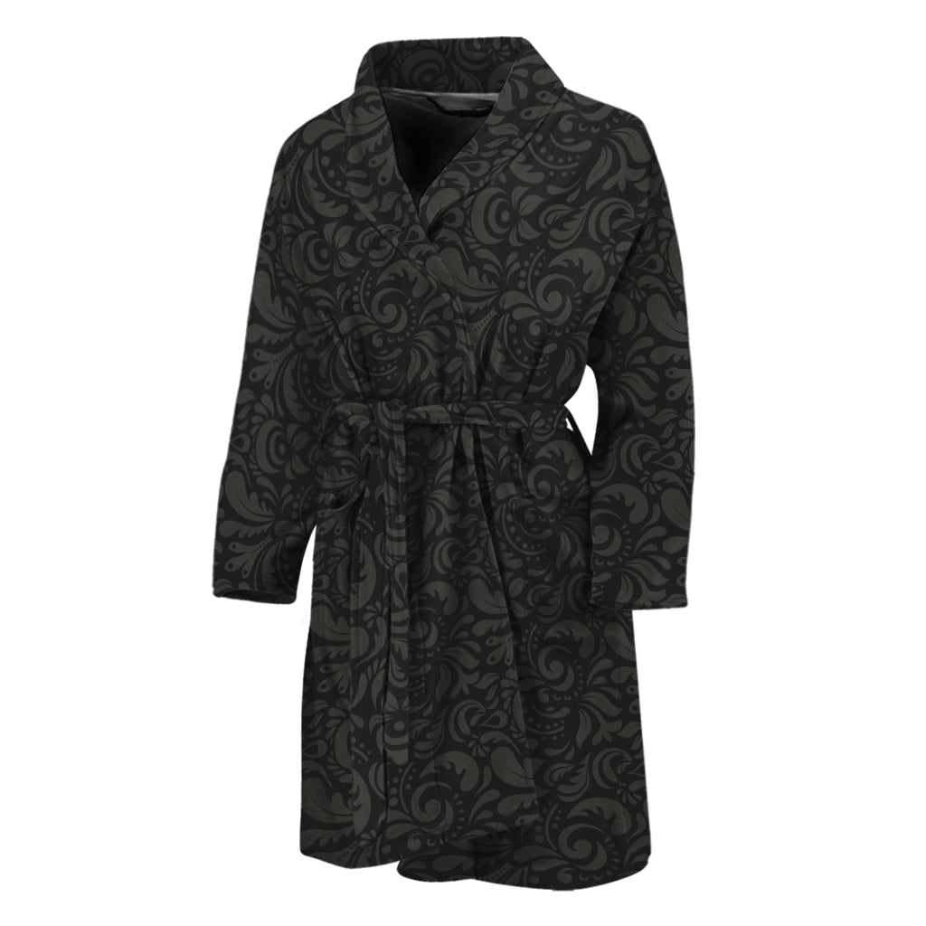 Black And Grey Western Floral Print Men's Bathrobe