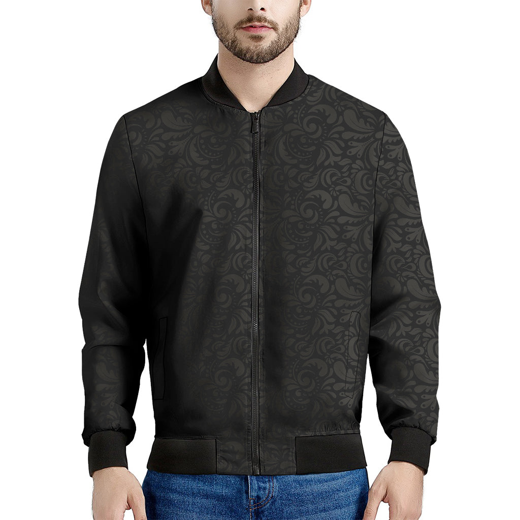 Black And Grey Western Floral Print Men's Bomber Jacket