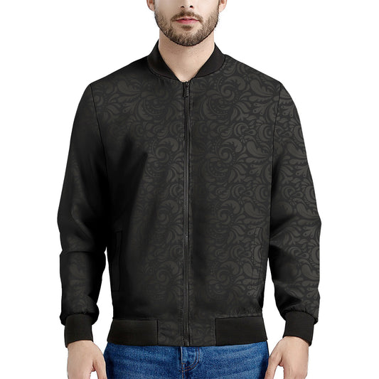 Black And Grey Western Floral Print Men's Bomber Jacket