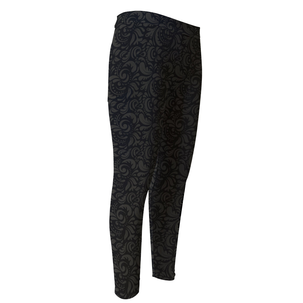 Black And Grey Western Floral Print Men's Compression Pants