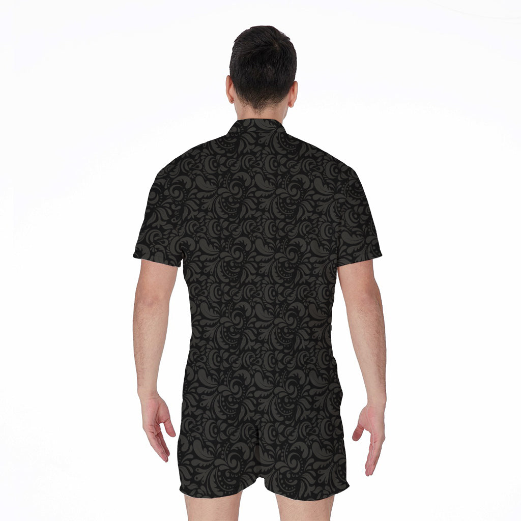 Black And Grey Western Floral Print Men's Rompers