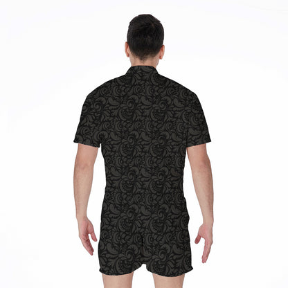 Black And Grey Western Floral Print Men's Rompers
