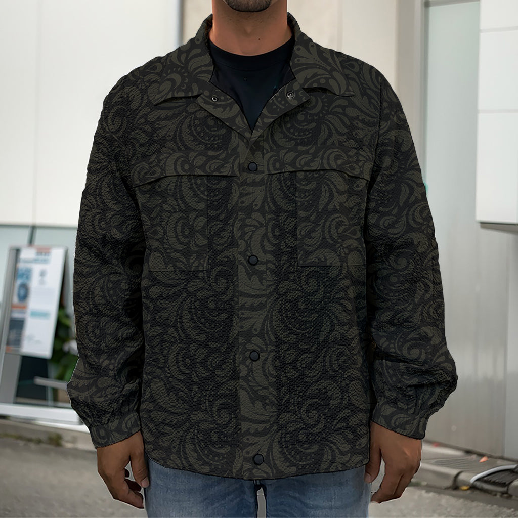 Black And Grey Western Floral Print Men's Shirt Jacket