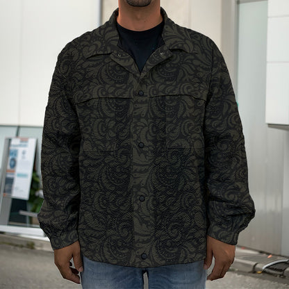 Black And Grey Western Floral Print Men's Shirt Jacket