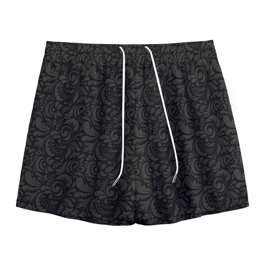 Black And Grey Western Floral Print Mesh Shorts
