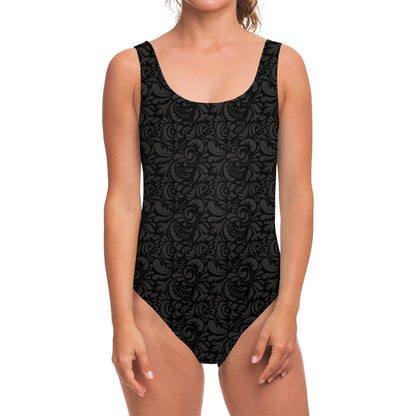 Black And Grey Western Floral Print One Piece Swimsuit