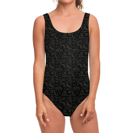 Black And Grey Western Floral Print One Piece Swimsuit