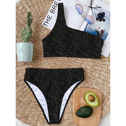 Black And Grey Western Floral Print One Shoulder Bikini Top
