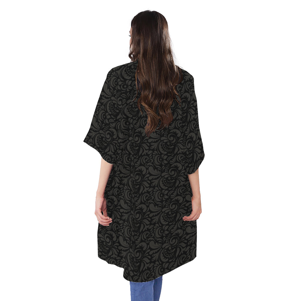 Black And Grey Western Floral Print Open Front Beach Cover Up
