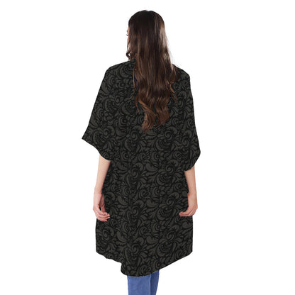 Black And Grey Western Floral Print Open Front Beach Cover Up