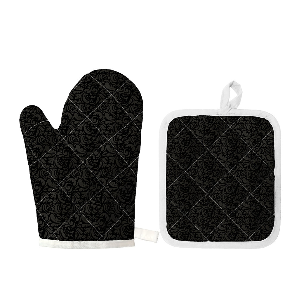 Black And Grey Western Floral Print Oven Mitt And Pot Holder Set