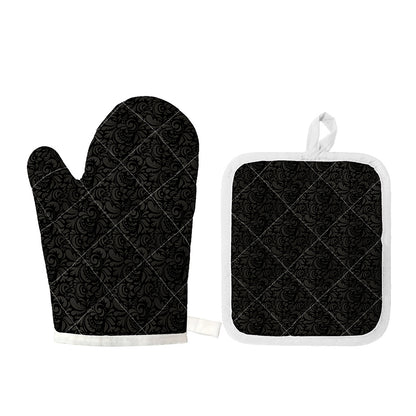Black And Grey Western Floral Print Oven Mitt And Pot Holder Set