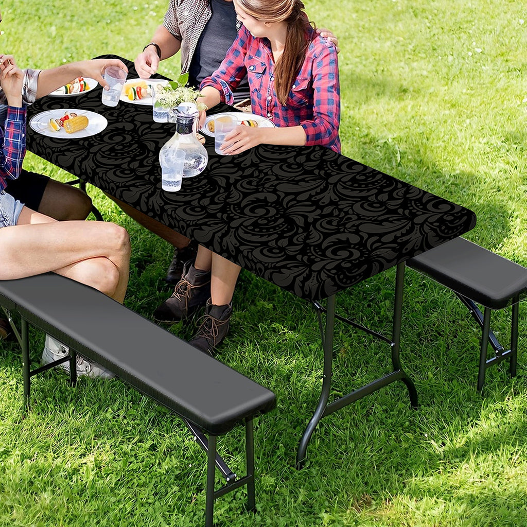 Black And Grey Western Floral Print Picnic Table Cover