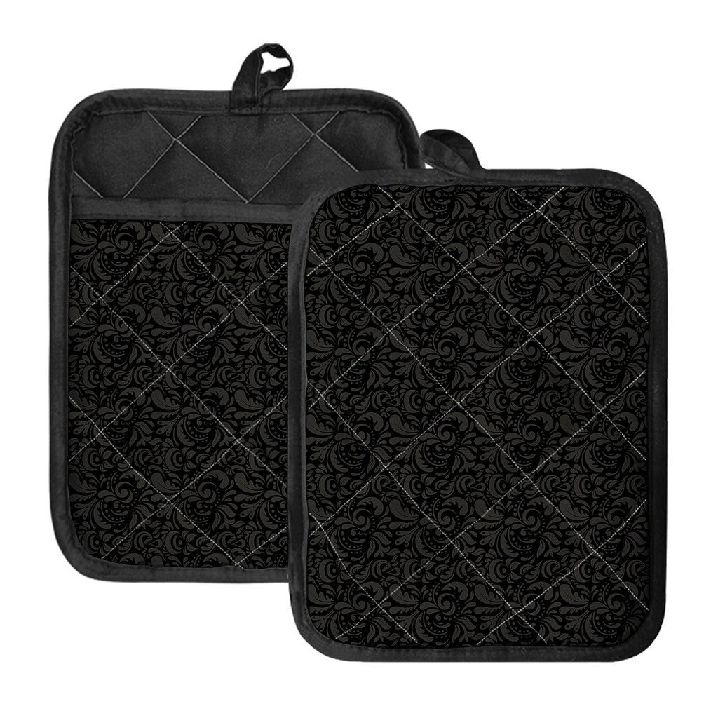 Black And Grey Western Floral Print Pot Holders With Pocket